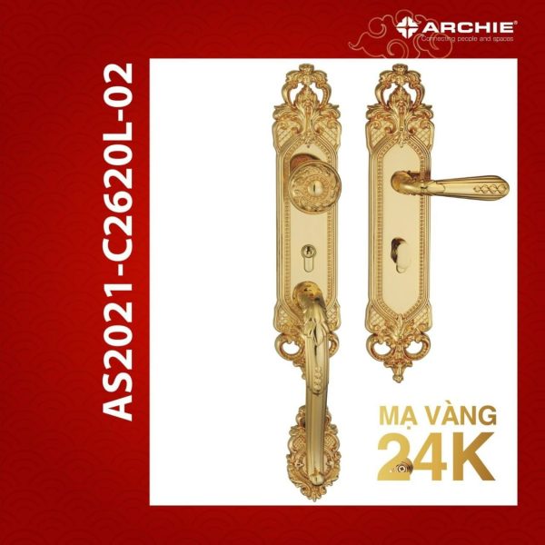 Khóa cửa đại sảnh Đồng mạ vàng AS2021-C2620L-02 , Khóa Đồng cao cấp Archie